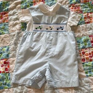 Baby Light Blue Smocked Shortall with Car Motif